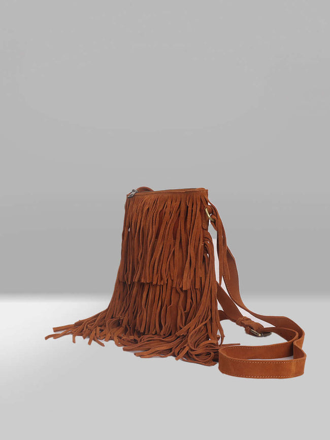 Brown leather fringe handbag